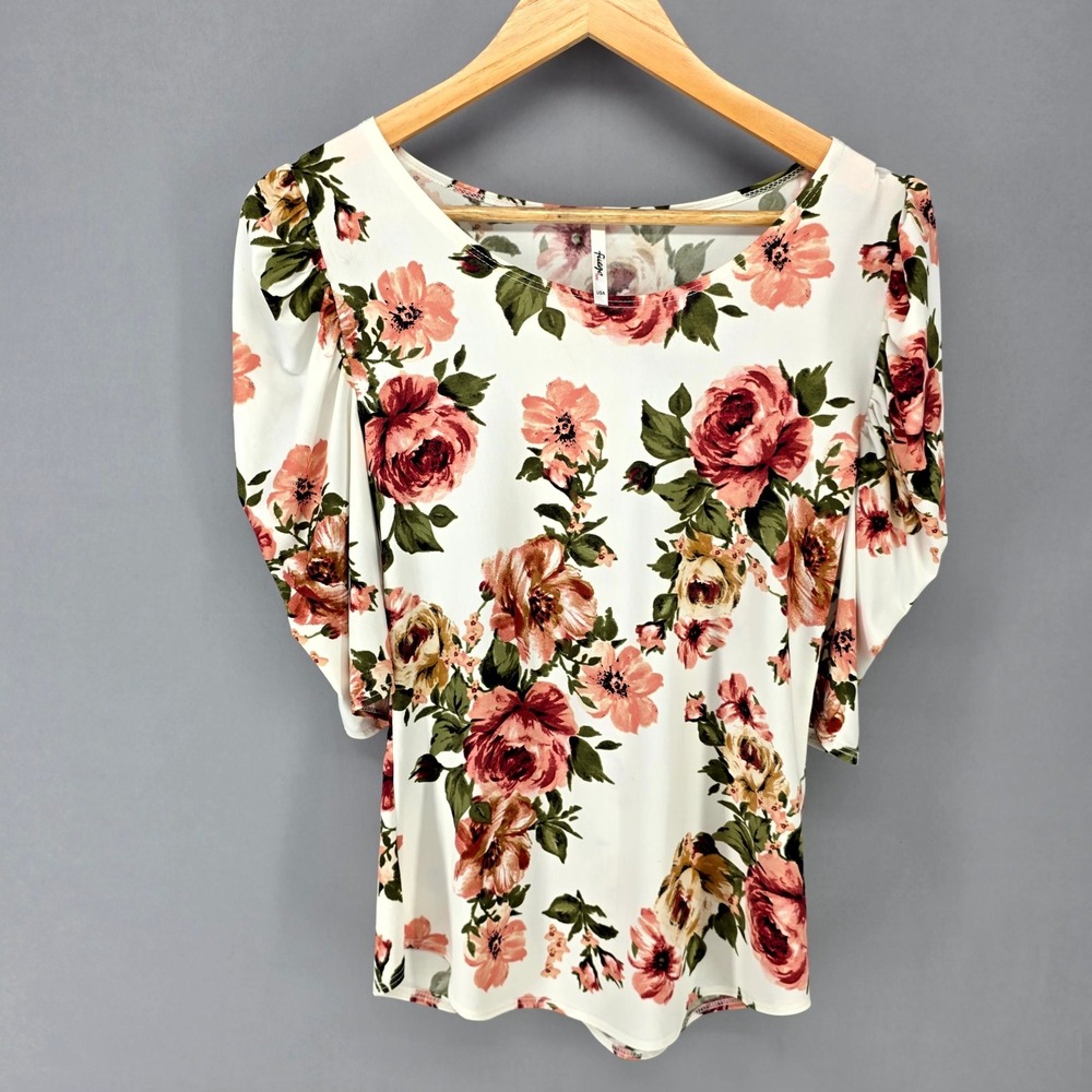 Fuego Too Blouse Womens M White Pink Floral Rose Puff Sleeve Scoop Neck 3310